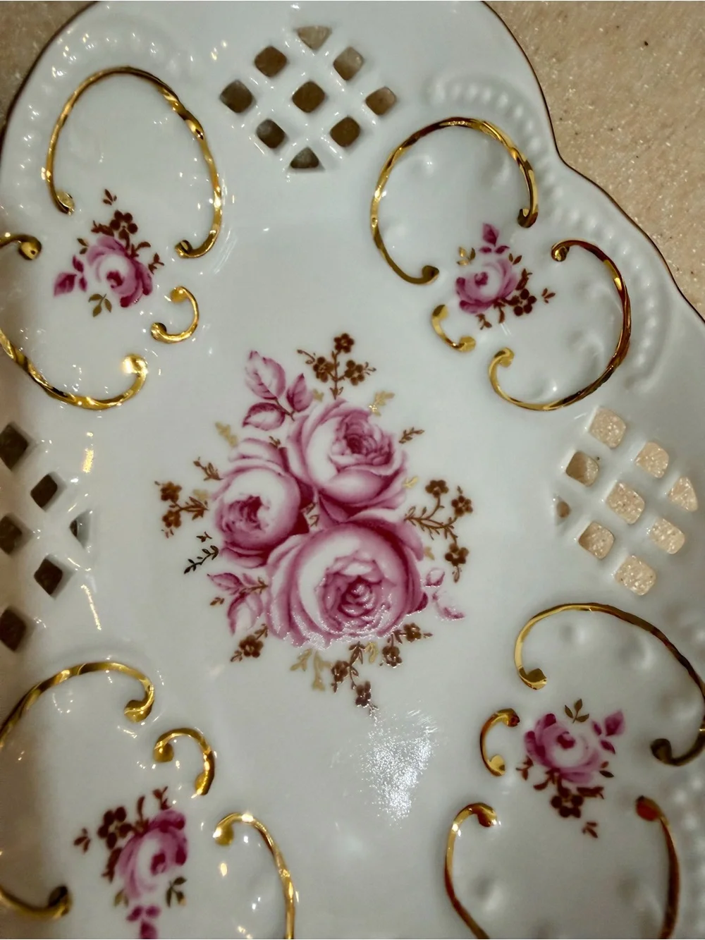 Weimar Porcelain Barbarina Pink Rose Trinket Candy Dish Bowl Gold Trim Filigree